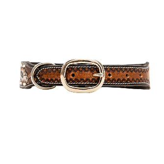 Hotshots Hand-Tooled Leather Dog Collar Brown & White - Large