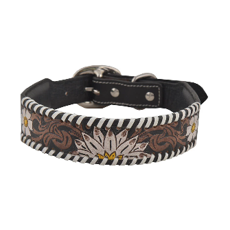 Oxy Daisy Hand-Tooled Leather Dog Collar Brown & White