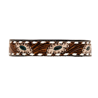 Hotshots Hand-Tooled Leather Dog Collar Brown & White - Large