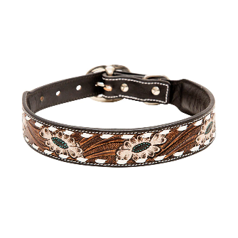 Hotshots Hand-Tooled Leather Dog Collar Brown & White - Large