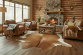 Cowhide rug with multicolor calf hides in a cozy log cabin with rustic stone fireplace