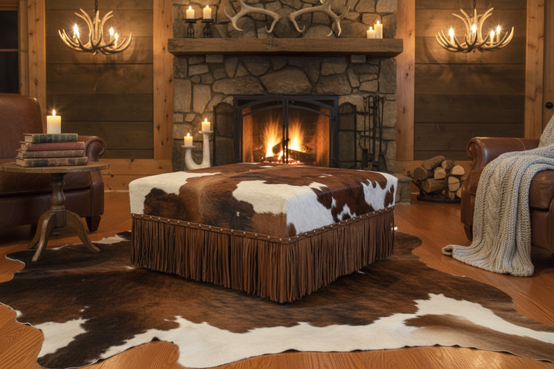 Tri-Color Cowhide Ottoman - Rustic