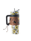 Sunflower Cowhide Tooled Leather Tumbler
