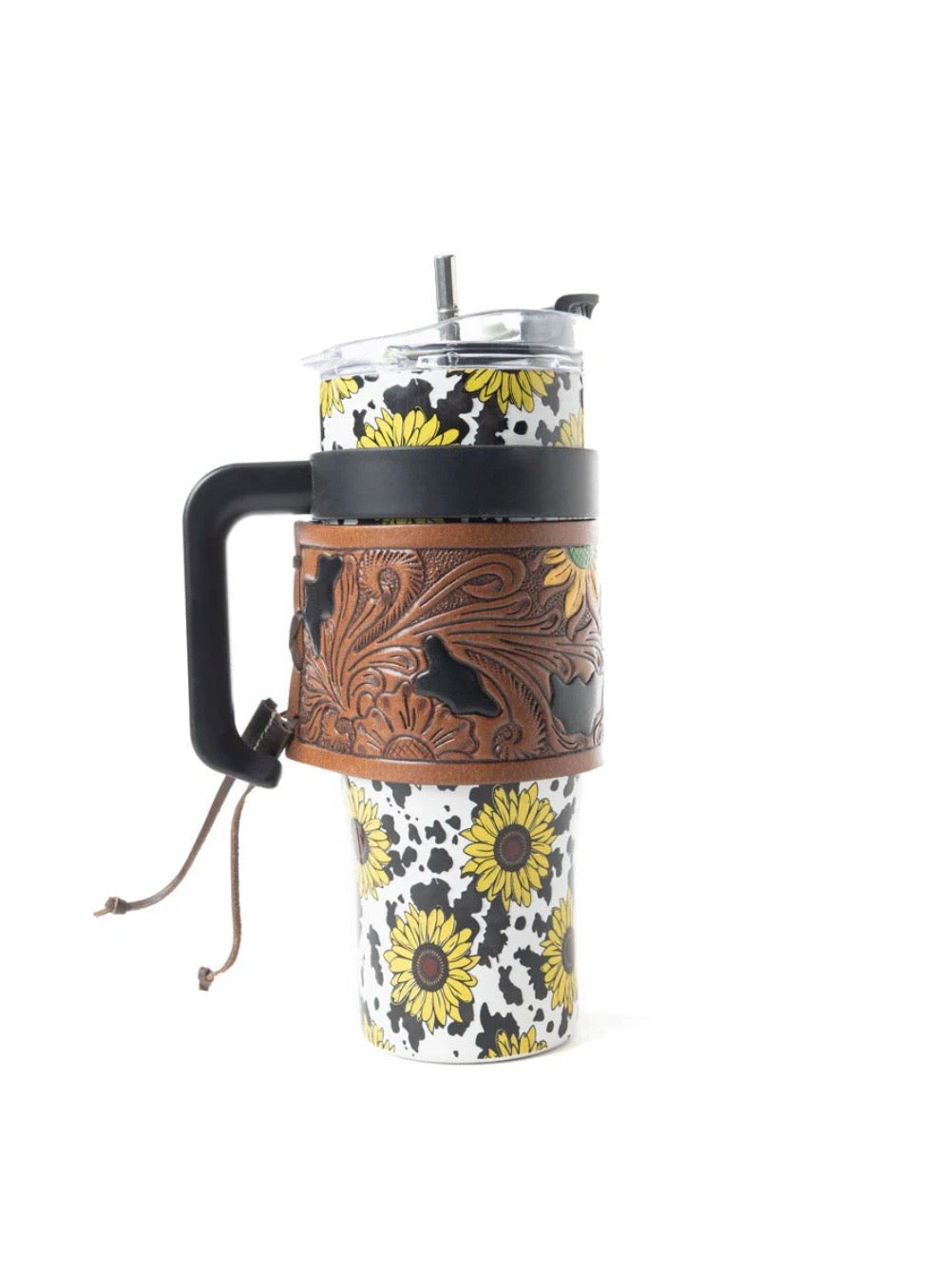 Sunflower Cowhide Tooled Leather Tumbler