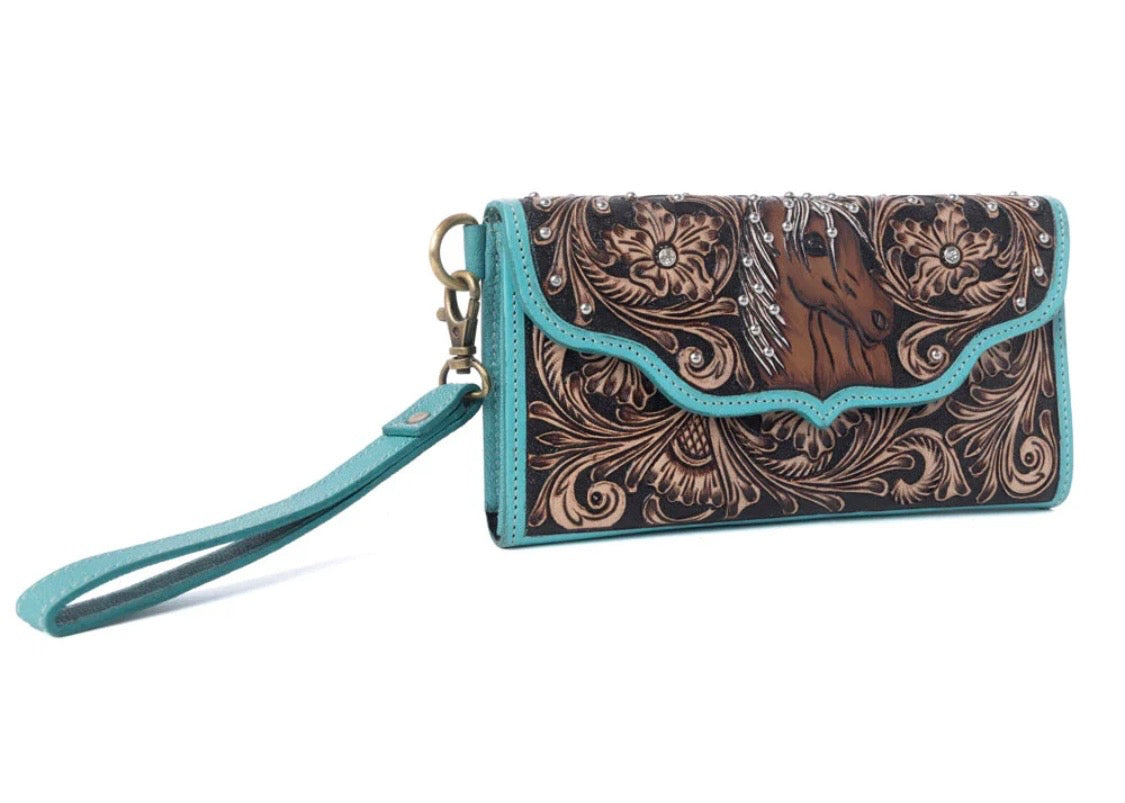 Sunfire Valley Handtooled Hairon Leather Women’s Wallet In Turquoise Pearl